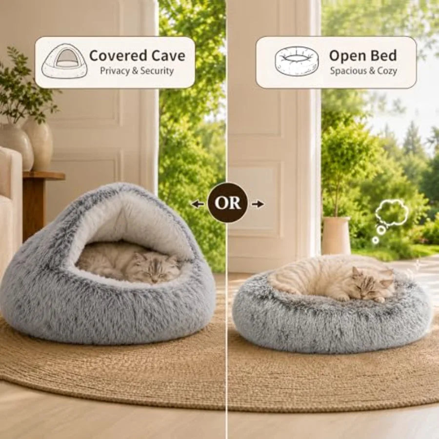 Cat Bed Round Plush Fluffy Hooded Cat Bed Cave, Cozy for Indoor Cats or Small Dog beds, Soothing Pet Beds Doughnut Calm Anti-nx