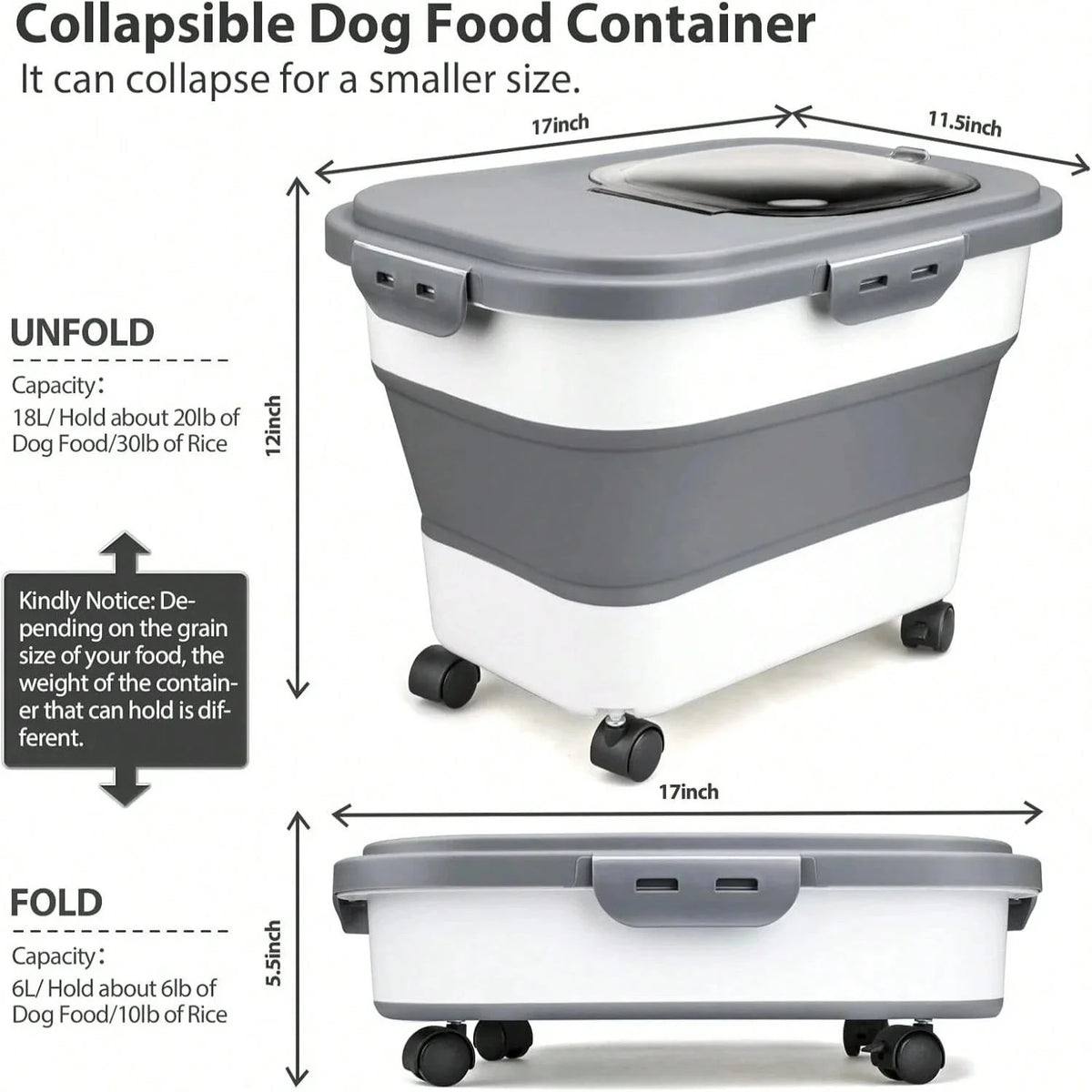 M‑Size Foldable Rollable Pet Food Storage Container, Wheeled Storage Bin With Included Feeding Scoop, Space‑Saving Dust‑Resistant Storage Box For Dry Dog Food, Cat Kibble & Household Daily Pet Food Storage & Organizatio