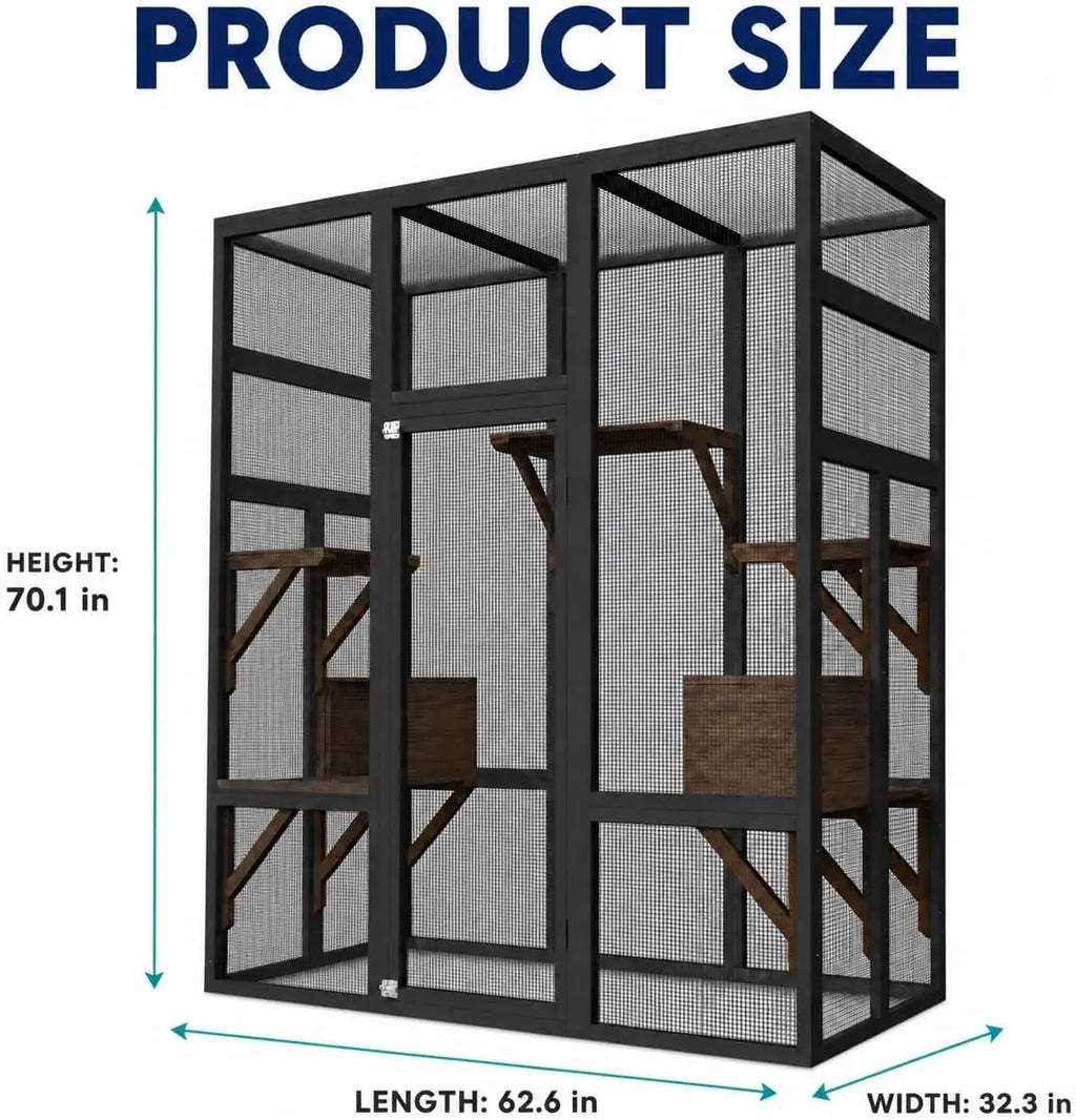 Walk-in Catio Outdoor Cat Enclosure, Large Cat House with UV-Resistant Roof, Large Wooden Cat House with Multi Wooden Platforms & 2 Napping Houses for Indoor Outdoor, 178x160x82cm