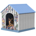 Outdoor Plastic Dog House, Weatherproof Pet Shelter with Printed Pattern Door, Outdoor Dog Cabin for Small Medium Dogs